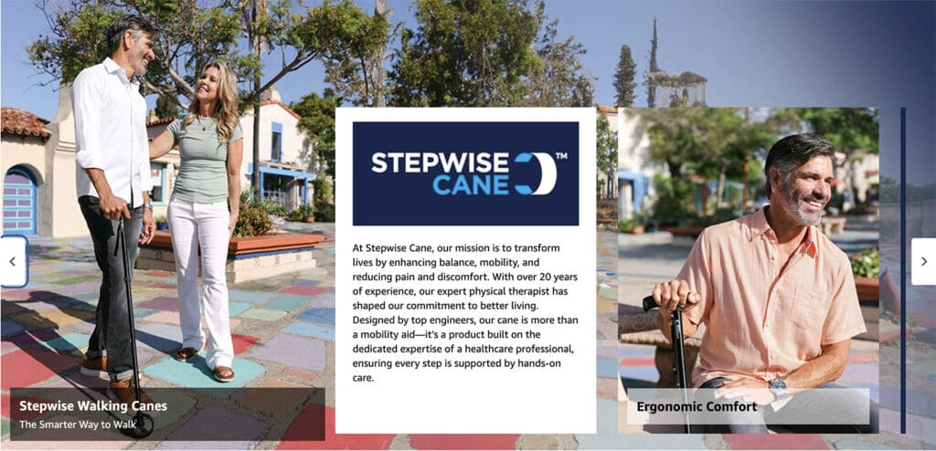 Stepwise Cane Commercial Lifestyle Product Photography for Medical Brand. Walking cane photography. Brand lifestyle photographer San Diego Southern California Balboa Park